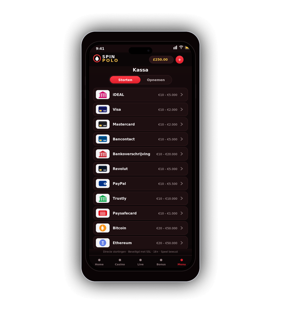 Spin Polo Casino Kassa scherm op mobiel met iDEAL, Bancontact, Revolut, PayPal en crypto