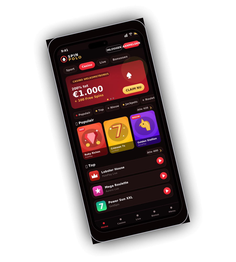 Spin Polo Casino mobiele lobby op iPhone met welkomstbonusbanner en hot slots