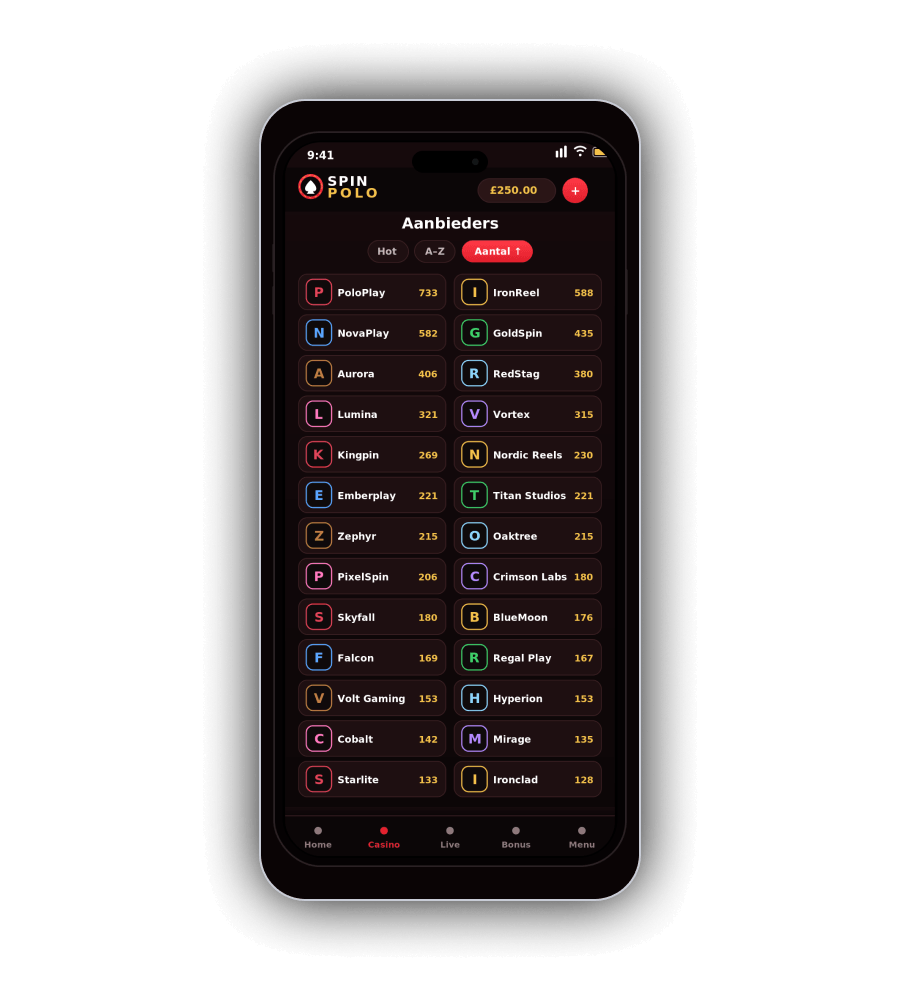 Spin Polo Casino Spelleveranciers lijst op mobiel met 1x2 Gaming, 3 Oaks Gaming, 4ThePlayer, Amatic Direct en meer